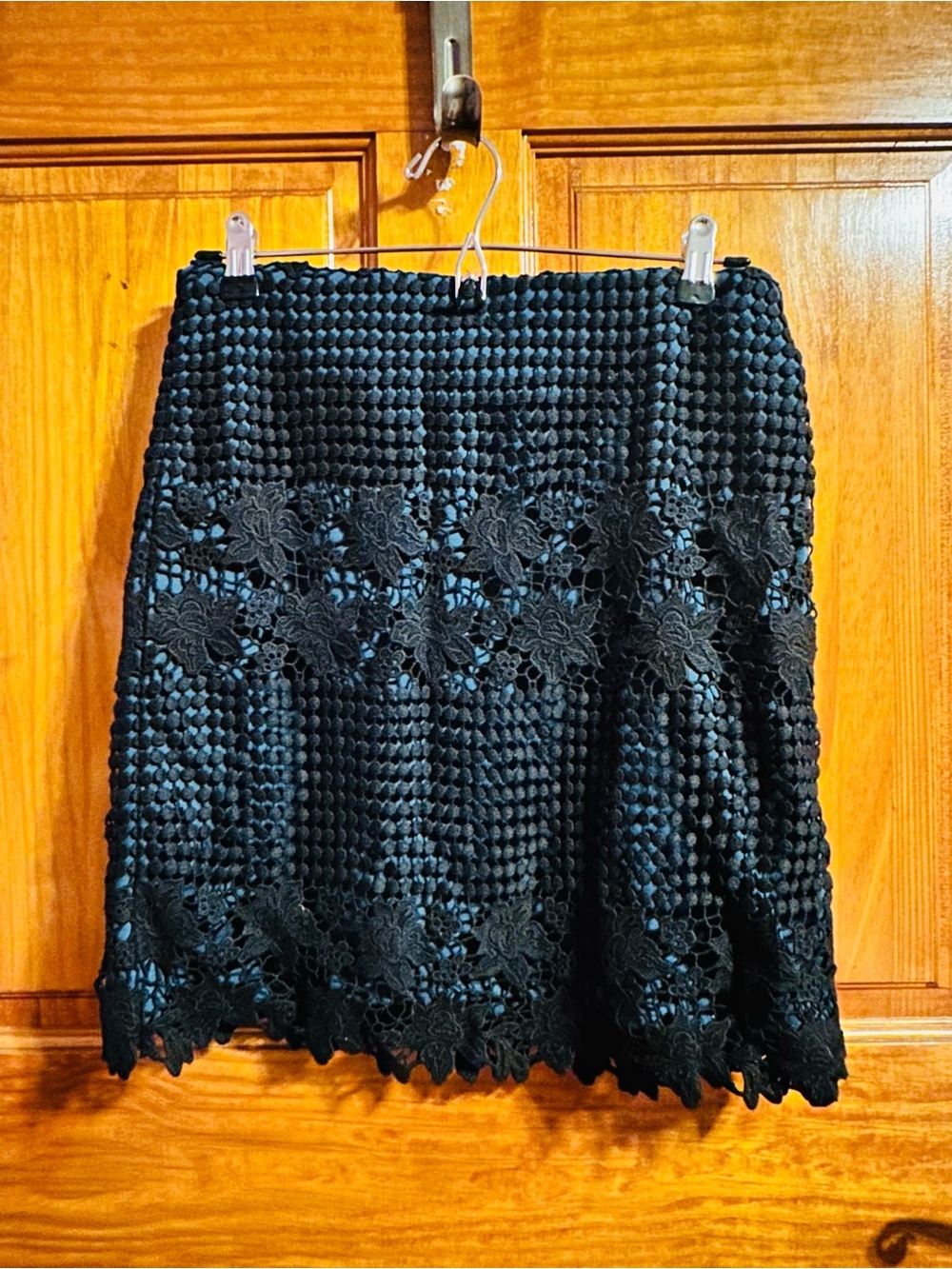 Teal and Black Lace Trim Textured A-Line Skirt, 17" Length